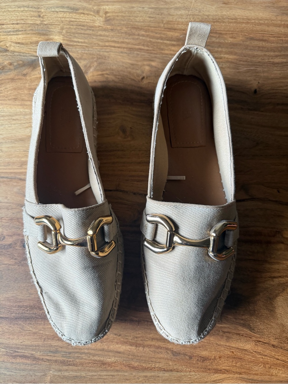 Zara Beige Canvas Slip-On Loafers with Gold Bit Hardware